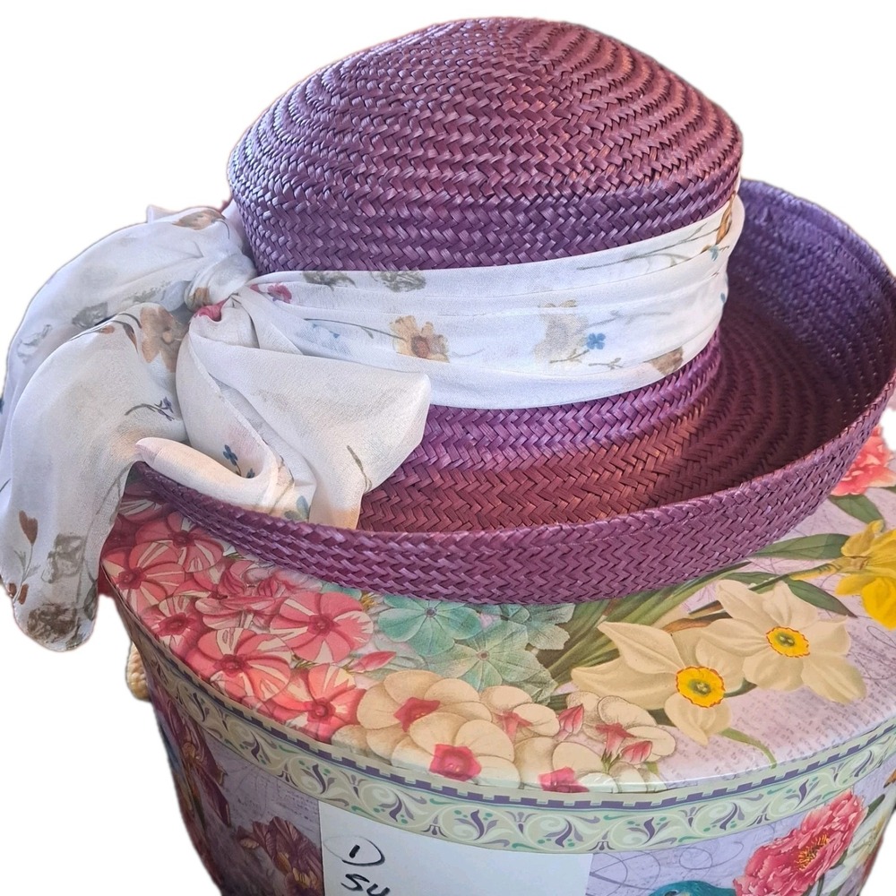 Girls Purple Straw Hat Floral church Spring Ribbon